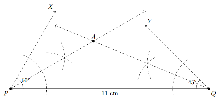 Step 4 Step 4: The bisectors of the angles at P and Q are drawn, intersecting at point A.